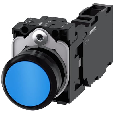 Siemens Sirius Act 22mm trykknap med blå plastikknap og integreret holder med 1NO/1NC kontakter.