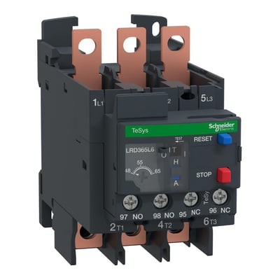 Schneider Electric TeSys D termorelæ LRD 365L6 med et justeringsområde på 48-65A og klasse 20, vist med frontbetjeninger som TEST, RESET og STOP.