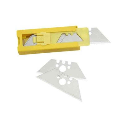Ironside vendbart knivblad til Safe-kniv på 60 mm, med stålblade i en gul dispenser.
