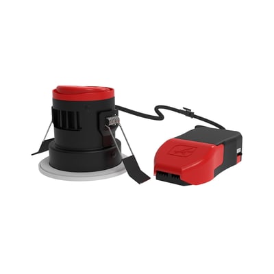 Ansell Lighting Prism Pro downlight OCTO WiZ RGBW med rød og sort farve kombination, vist med tilhørende driver.