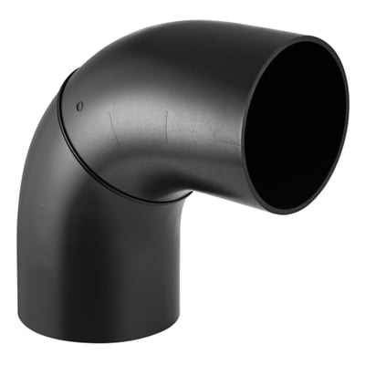 Geberit PEH segmentbøjning i sort, 90° vinkel med 200 mm diameter og stor radius, lavet af holdbar PEH-materiale.