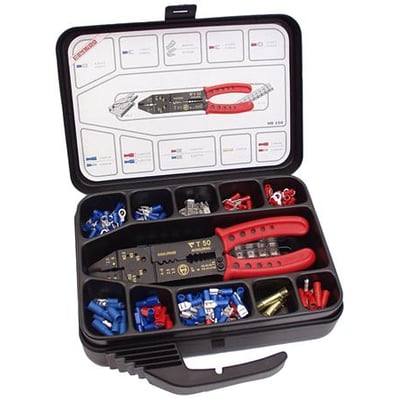 Elpress sortimentskasse HB150 åben, viser sortiment af isolerede kabelsko, muffer og presseværktøj T50 i polypropylen-kasse med 11 rum.