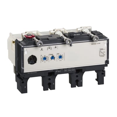 Schneider Electric Micrologic 2.3M relæ, 3-polet, 400A. Produktet har en klar plastoverflade med synlige indstillingsknapper for strøm og tid.