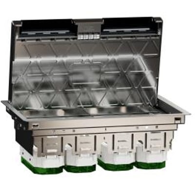 Lauritz Knudsen Unica System+ gulvboks i metal med åbent låg, viser 12 moduler og grå metalramme til planmontering i gulv.