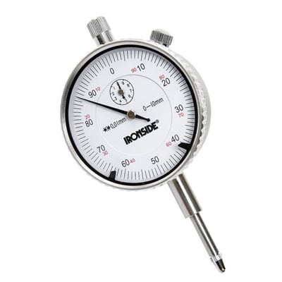 Ironside måleur med hvid urskive, sort og rød skala samt målespids; måleområde 0–10 mm og diameter 58 mm.