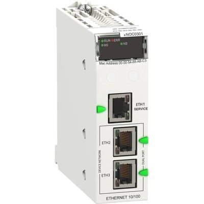 Schneider Electric Ethernet modul med 3xRJ45 porte, model eNOC0301, til Modicon M580 med tydelig markering af RUN, ERR, MS og NS indikatorer.