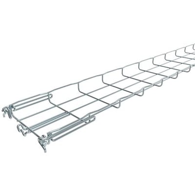 Nærbillede af Legrand Gitterbakke FC elektrogalvaniseret med Fasclic+ samlingssystem og sikkerhedskant, der viser detaljer i metallet.