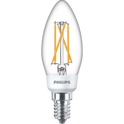 Detaljeret billede af Philips SceneSwitch LED Kerte pæren, der viser E14 sokkel og filamentet.