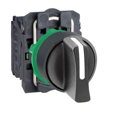 Schneider Electric XB5 drejeafbryder med kort sort greb, der viser den hvide markering på fronten og et grønt kontaktmodul.