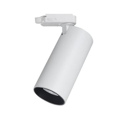 Hvid Turno GU10 skinnespot, et cylindrisk lampehoved med justerbar holder, monteret på hvid baggrund.