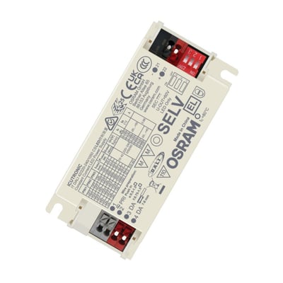 Osram LED-driver til LED-panel på 44 W med DALI, vist skråt med kabinet og røde og grå tilslutningsklemmer.