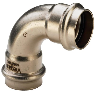 Viega Seapress bøjning 90 grader, 35 mm i CuNi10Fe1,6Mn legering med muffe/muffe til presinstallation i skibsbyggeri.