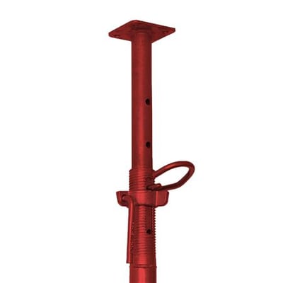 Rød forskallingsstøtte i kraftig stålmodel med justerbar højde fra 182 til 300 cm og en maksimal belastning på 3950 kg.