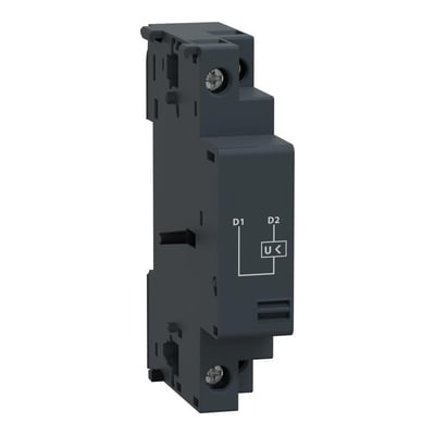 Nærbillede af Schneider Electric GVAU415 underspændingsudløser, der viser monteringsdetaljer og mærkning med D1, D2 og U< diagram.