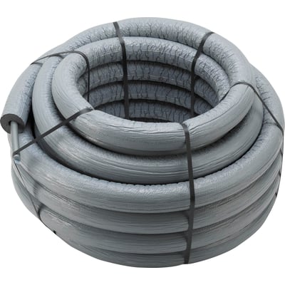 Viega Raxofix rør med grå isolering, 25mm diameter, rullet sammen og bundet med sorte stropper.