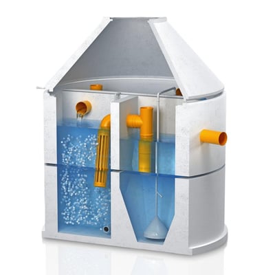 Minirens. WS Bioclean Premium spildevandsanlæg med 5 PE kapacitet, illustreret med snitvisning af indre kamre og orange rørføring.