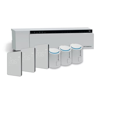 Oversigt over Pettinaroli V4 gulvvarmesystemets komponenter: en hvid styreboks med kontrolpanel, tre digitale termostater og tre telestater.