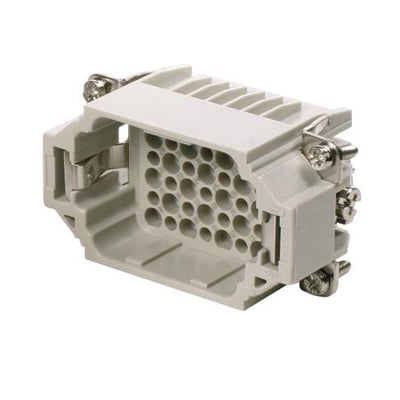 Weidmüller HDC HDD 42 MC, 42-polet han-indsats til crimp-ben, set skråt forfra med kontaktåbninger og metalbeslag.