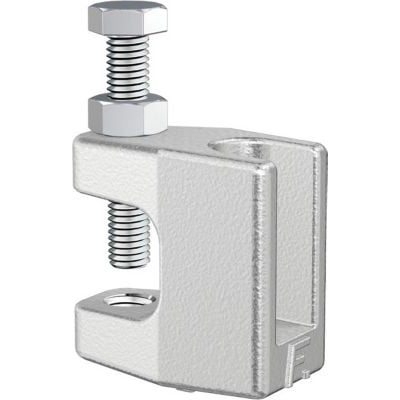 Flamco galvaniseret profilklemme 10 kck med M10/M8 gevind og 18 mm bredde på isoleret baggrund.