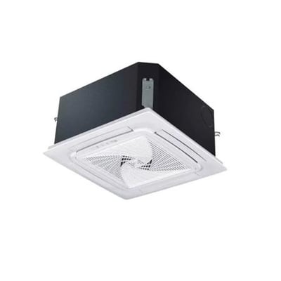Haier AB50S2SC2FA(H) kassetteklimaanlæg på 5,0 kW med hvid firkantet front og mørkt kabinet, set skråt nedefra.