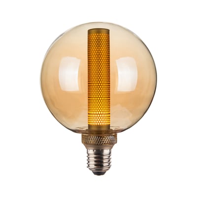 Halo Design COLORS Core Amber LED lyskilde med E27 fatning og en diameter på 125 mm, vist på hvid baggrund.