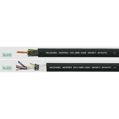 HELUKABEL NEOPREN 18G2,5 krankabel, vist med to forskellige indre konstruktioner, begge med sort ydre kappe og RoHS-logo.