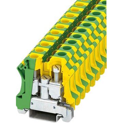Phoenix Contact UTI 16-PE installationsjordklemme, grøn/gul, med synlig skruetilslutning og monteringsskinne for elektriske installationer.