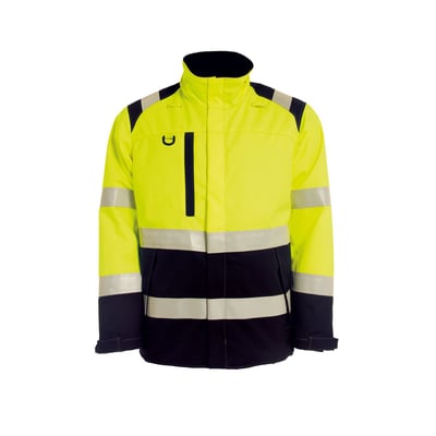 Tranemo Workwear FR Vinterjakke 510193 i gul og mørkeblå med Hi-Vis reflekser, str. 4XL.