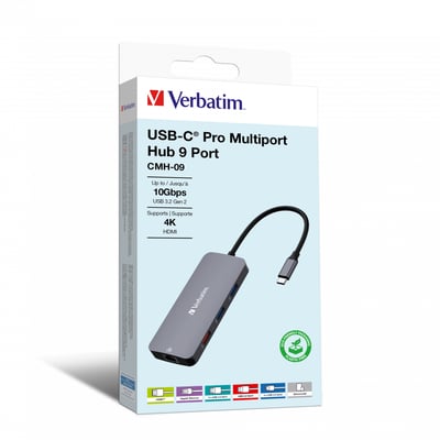 Forpakning af Verbatim USB-C Pro Multiport Hub CMH-09 med 9 porte, viser tilslutningsmuligheder og "plastic free" mærkat.