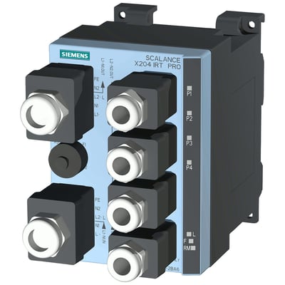 Siemens SCALANCE X204IRT PRO administreret IE IRT-switch med 4x 10/100 Mbps push-pull RJ45-porte og IP65/67 beskyttelse.