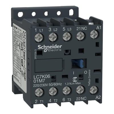 Schneider Electric kontaktor LC7K06 01M7 med 9A, 3 poler, 1 NC kontakt og 220VAC spænding, fremstillet af mørkegrå plast.