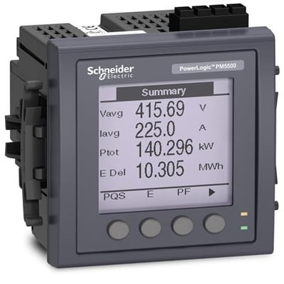 Schneider Electric PM5560 energimåler med grafisk display, viser målinger som V, A, kW og MWh, samt knapper for betjening.