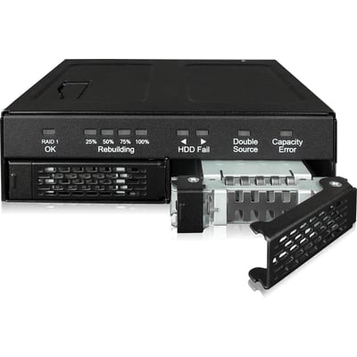 ICY Dock 2x 2.5" SATA HDD/SSD RAID 1 drevboks set forfra med en drevbakke ude og LED indikatorer for RAID status.