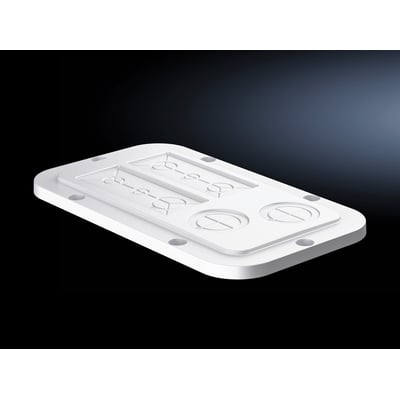 Perspektivbillede af Rittal Plastflange AX størrelse 2, med metriske markeringer på mørk baggrund.