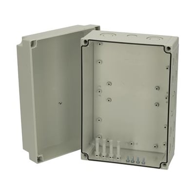 Fibox MNX kasse, 255x180x125mm, lys grå RAL 7035. Kassen er åben og viser indersiden med monteringspunkter.