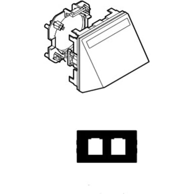 Lauritz Knudsen Clicline skrå fiberudtag i hvid, med plads til 2xKEYSTONE T9 konnektorer og tilhørende bagmontering.