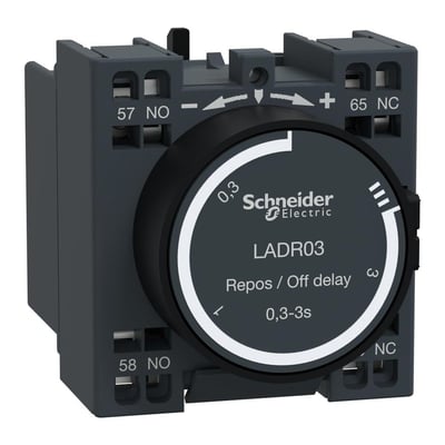 Schneider Electric tidsblok LADR03 til kontaktorer med 1NO+1NC kontakter og tidsindstilling 0,3-3 sekunder.