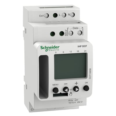 Nærbillede af Schneider Electric digitale kontaktur, viser betjeningsknapper, LCD-display og terminaler til tilslutning.