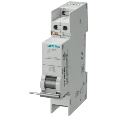 Siemens Shunt Trip 5ST3030 ST i grå plast med 12V AC/DC mærkning og CE-godkendelse på hvid baggrund.
