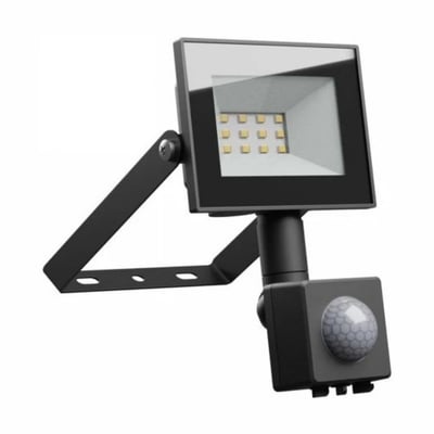 Sort SpectrumLED 10W LED-projektør med synlig PIR-sensor, rektangulær lampefront og justerbar monteringsbøjle.