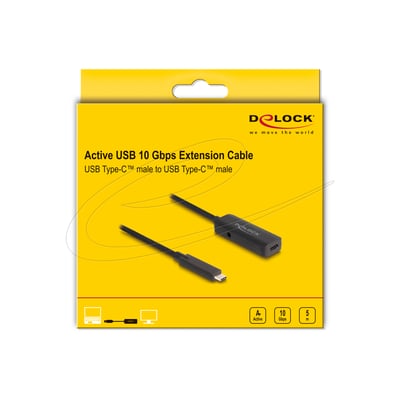 DeLock aktivt sort USB-C-forlængerkabel på 5 meter vist på den gule detailæske med 10 Gbps.