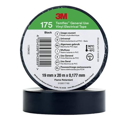 3M Temflex 175 vinyl eltape i sort, 19 mm x 20 m, viser produktets etiket med diverse specifikationer og en rulle tape.