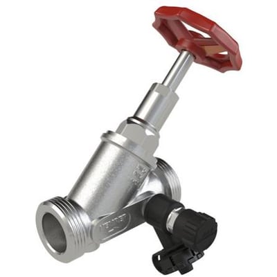 Kemper Niro fristrømsventil i rustfrit stål, 1 1/4", med rød betjeningshjul og sort aftapningsventil monteret.