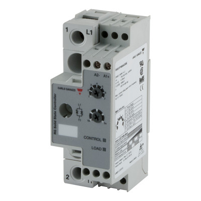 Carlo Gavazzi 1-polet analogstyret solid-state-relæ med gråt kabinet, tilslutninger og justeringsknapper set forfra.