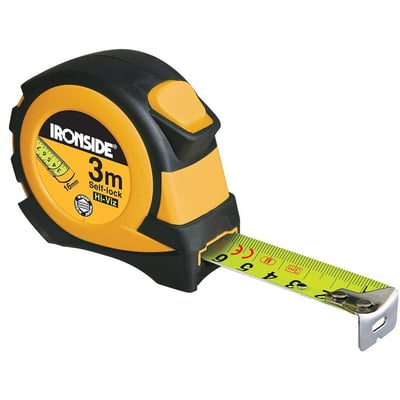 Ironside selvlåsende båndmål på 3 meter med gul-sort gummikapsel og fluorescerende 16 mm målebånd trukket ud.