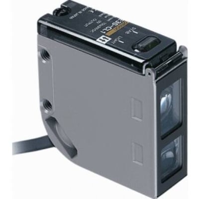 Omron E3S-CL1 fotoelektrisk sensor med 5 meter kabel, viser BGS-teknologi og NPN/PNP-udgang.