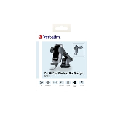 Verbatim FWC-03 Pro Qi biloplader med 15W hurtigopladning præsenteret i sin originale sorte emballage med produktinformation og ikoner.