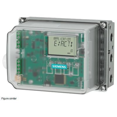 Siemens SIPART PS100 elektropneumatisk positioner i klart plastkabinet med synlig printplade og LCD-skærm, der viser 'APPLICATION EXACT'.