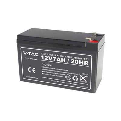 V-TAC Pro serie 7Ah blysyrebatteri med dimensioner 151x100x65 mm, fremstillet i ABS.
