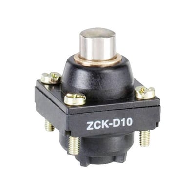 Schneider Electric ZCKD10 endestophoved set fra siden, med tydelig mærkning ZCK-D10, vist med monteringsskruer på sort plastikhus.